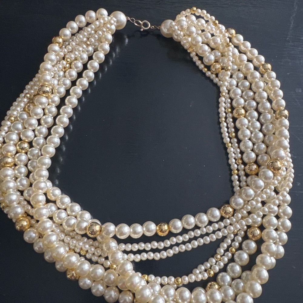 Multi-Strand Faux Pearl & Gold Bead Statement Necklace – 19”